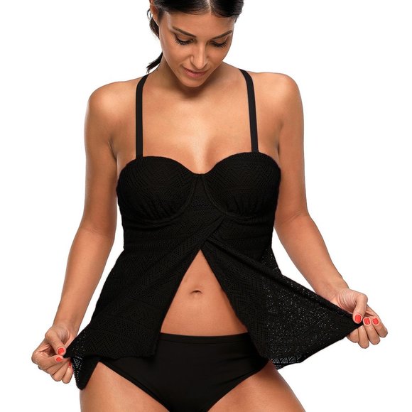 Black Lace Flyaway Underwired Tankini Bathing suit - Picture 2 of 4
